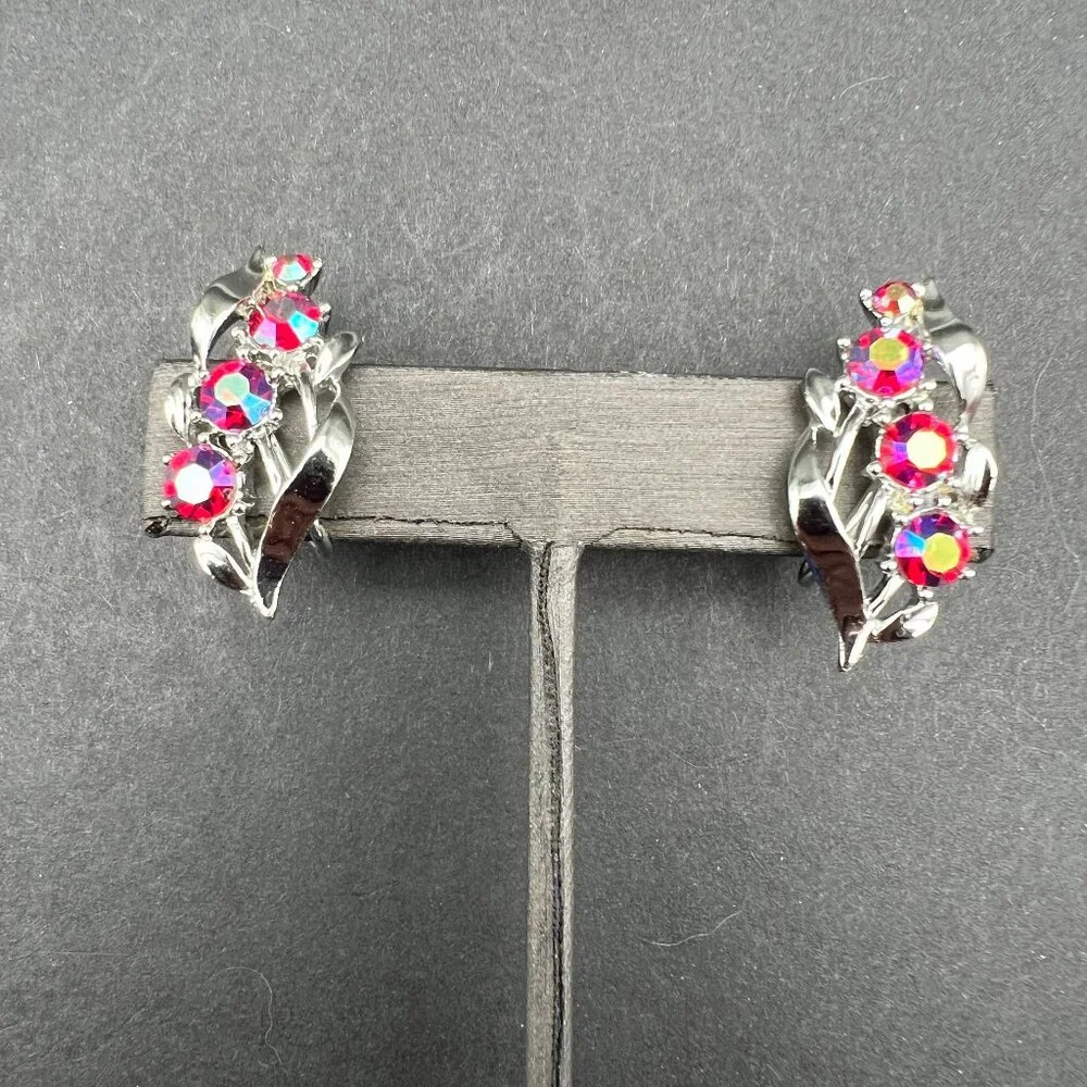 Vintage Star Screw Back Earrings‎ Purple Pink AB Rhinestone Flower Silver Tone